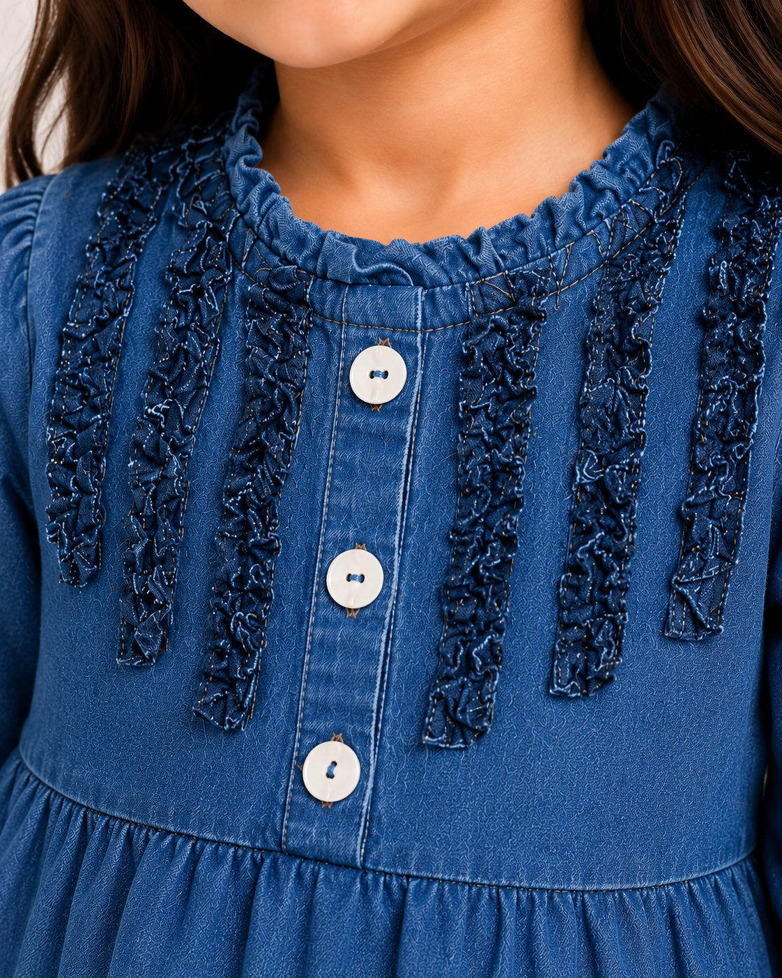 Girls Denim Ruffle Dress – Light & Dark Blue