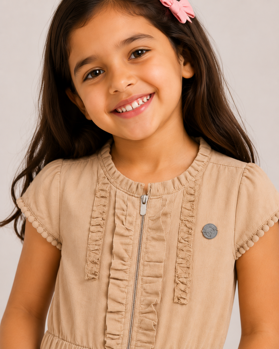 Girls Linen Dress with Ruffle Details & Waist Tie