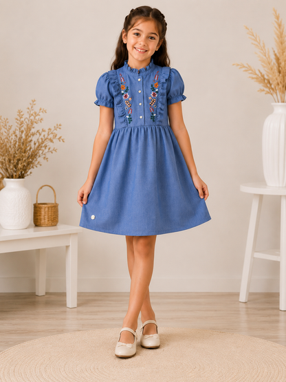 Girls' Linen Embroidered Dress