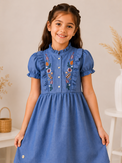 Girls' Linen Embroidered Dress