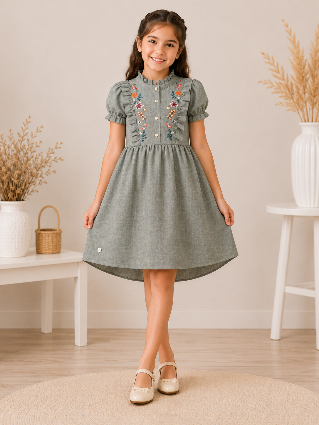 Girls' Linen Embroidered Dress