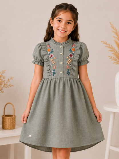 Girls' Linen Embroidered Dress