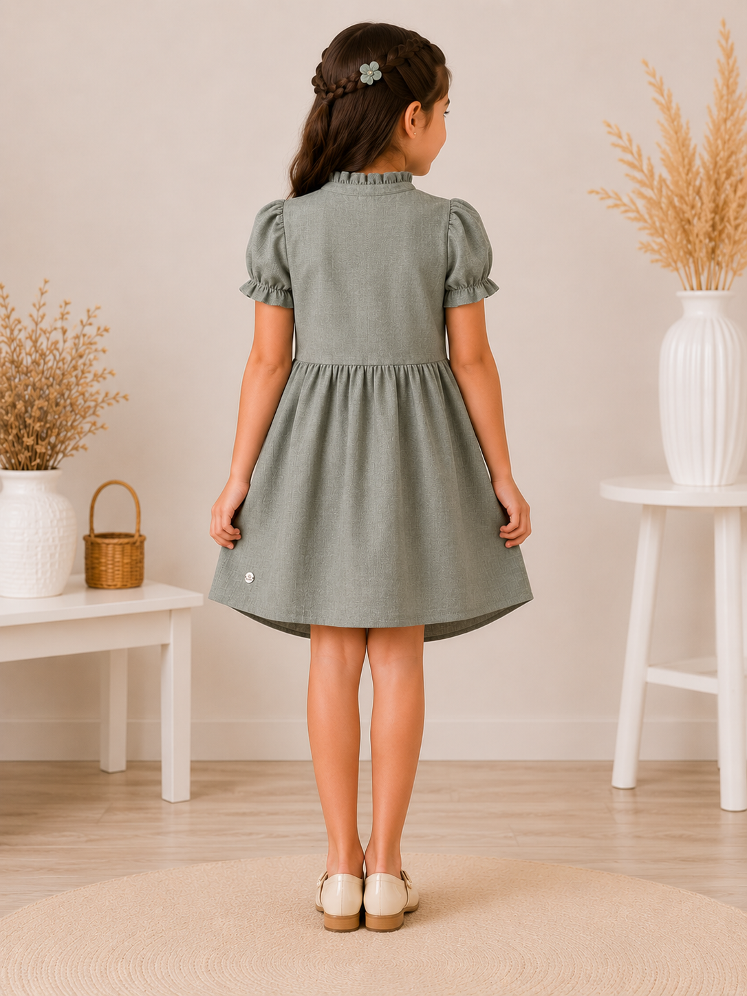 Girls' Linen Embroidered Dress