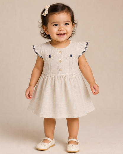 French Linen Baby Dress with Bow Details – 6 to 36 Months