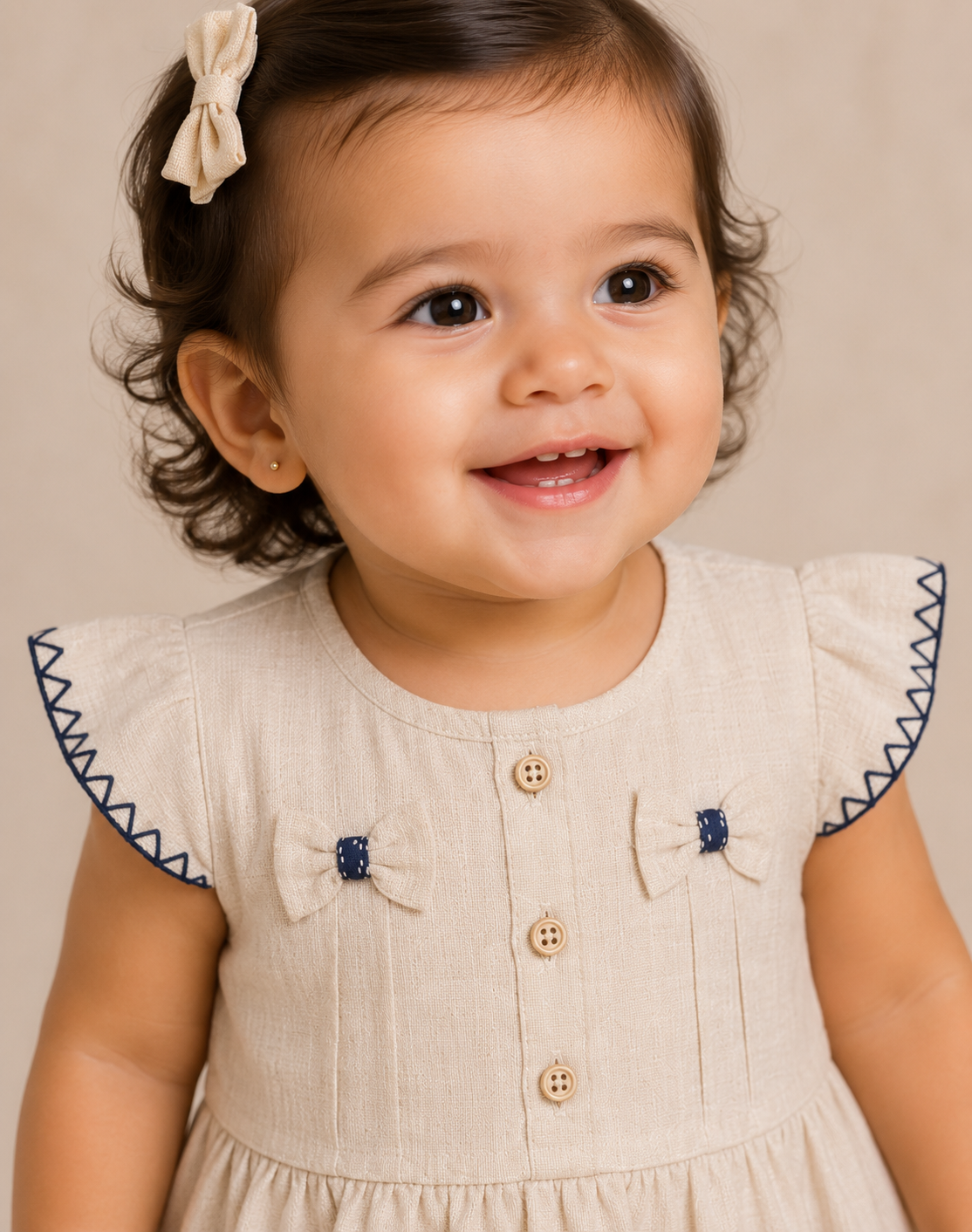 French Linen Baby Dress with Bow Details – 6 to 36 Months