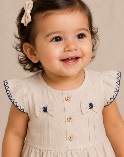 French Linen Baby Dress with Bow Details – 6 to 36 Months
