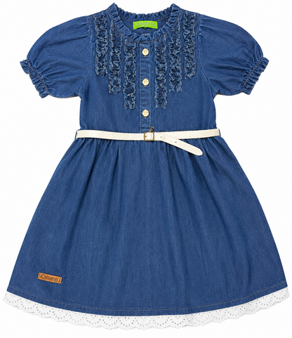 Girls Denim Dress with Ruffle Details & Belt