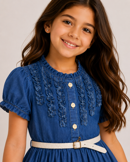Girls Denim Dress with Ruffle Details & Belt