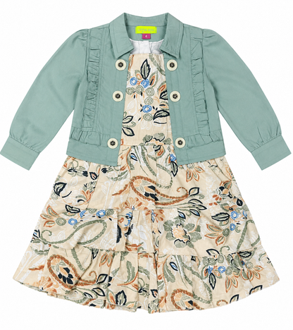 Girls 2-Piece Dress Set (Cotton Dress + Linen Bolero) Floral Design