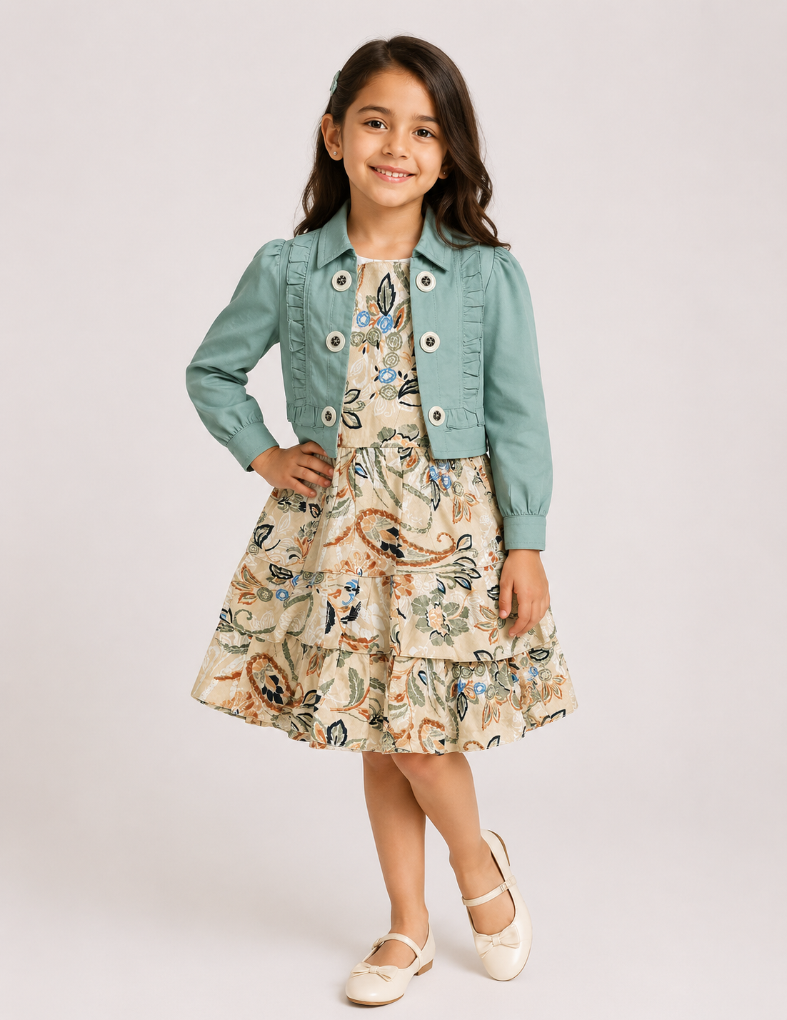 Girls 2-Piece Dress Set (Cotton Dress + Linen Bolero) Floral Design