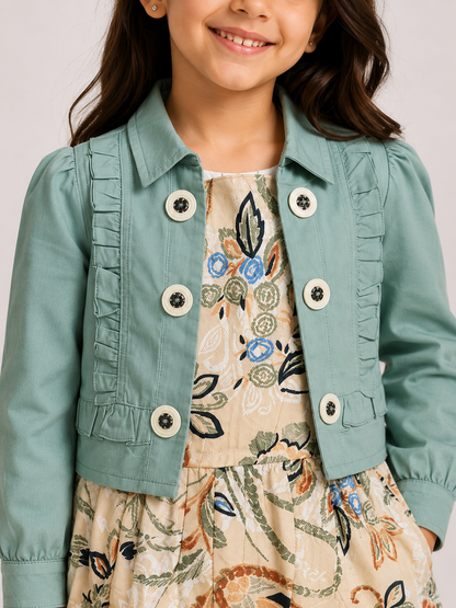 Girls 2-Piece Dress Set (Cotton Dress + Linen Bolero) Floral Design