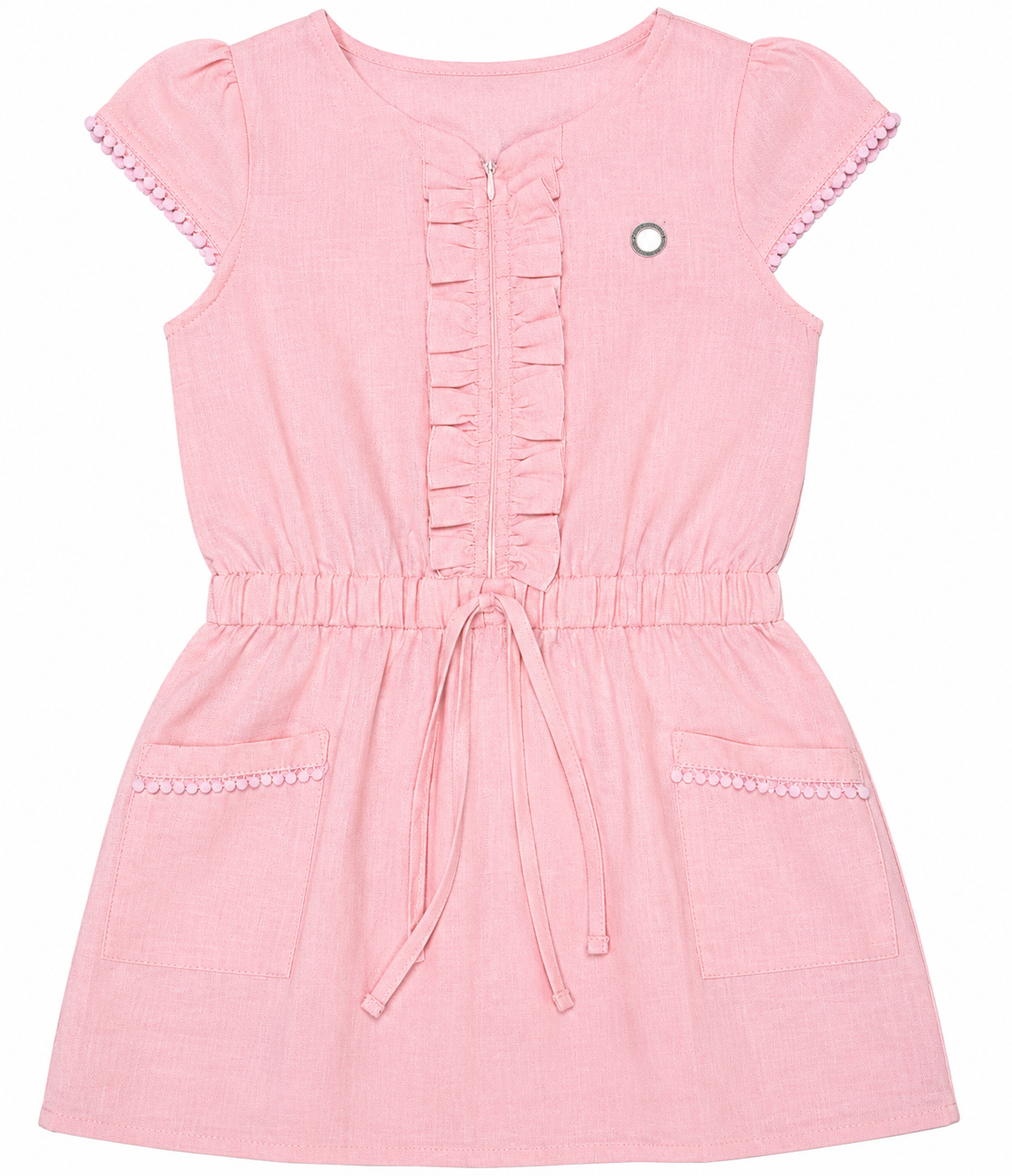 Girls Linen Dress with Ruffle Details & Waist Tie