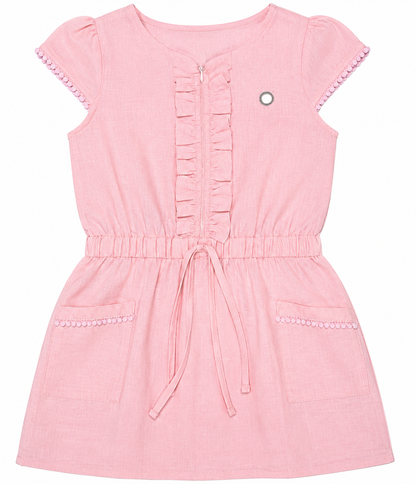 Girls Linen Dress with Ruffle Details & Waist Tie