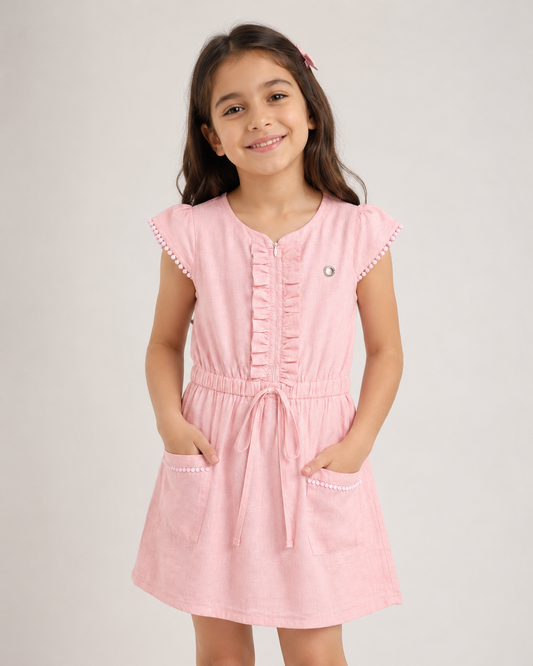 Girls Linen Dress with Ruffle Details & Waist Tie