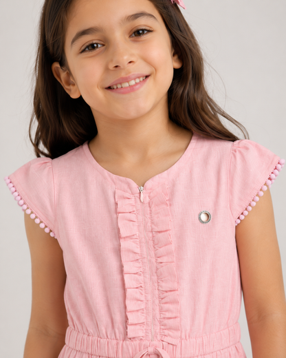 Girls Linen Dress with Ruffle Details & Waist Tie