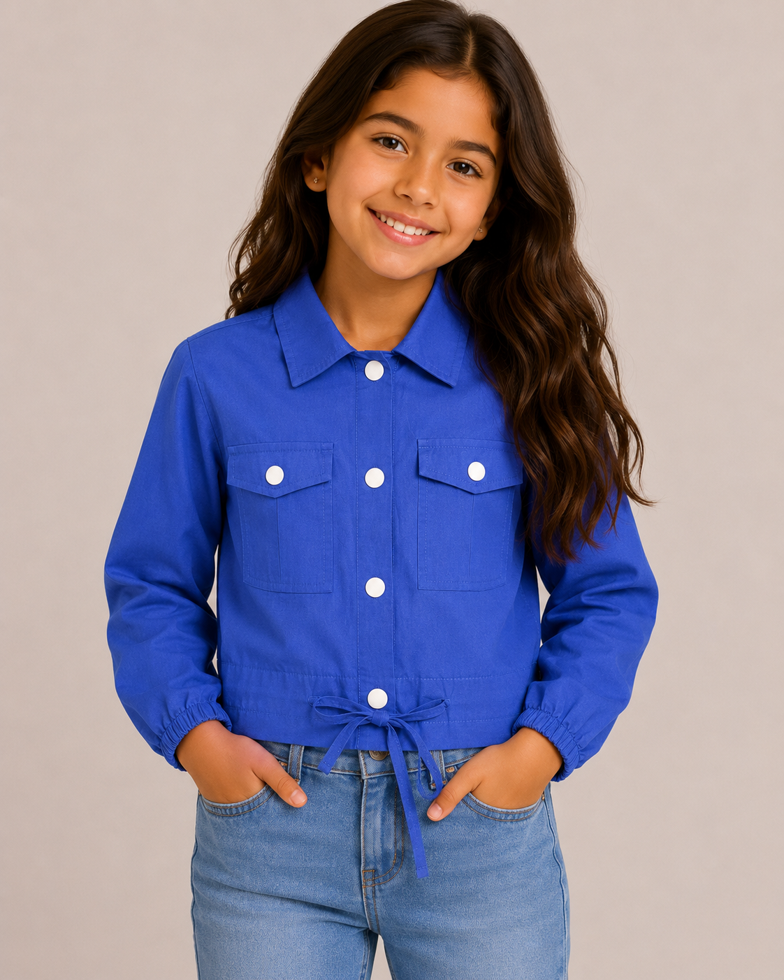 Girls Gabardine Blouse with Buttons, Front Pockets & Waist Tie