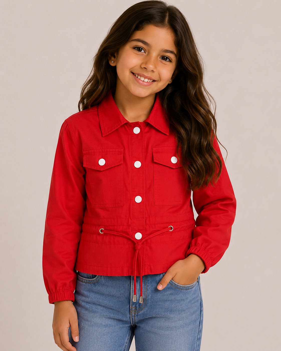 Girls Gabardine Blouse with Buttons, Front Pockets & Waist Tie