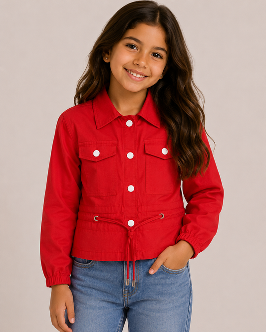 Girls Gabardine Blouse with Buttons, Front Pockets & Waist Tie