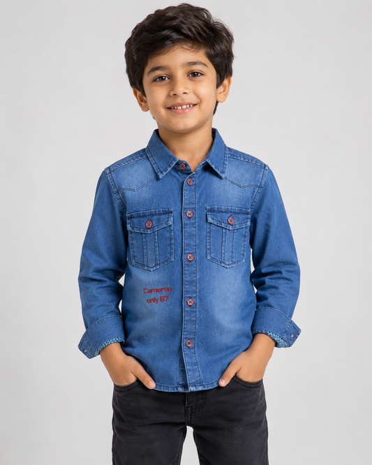 Boys Denim Shirt with Front Buttons & Chest Pockets – Casual Style