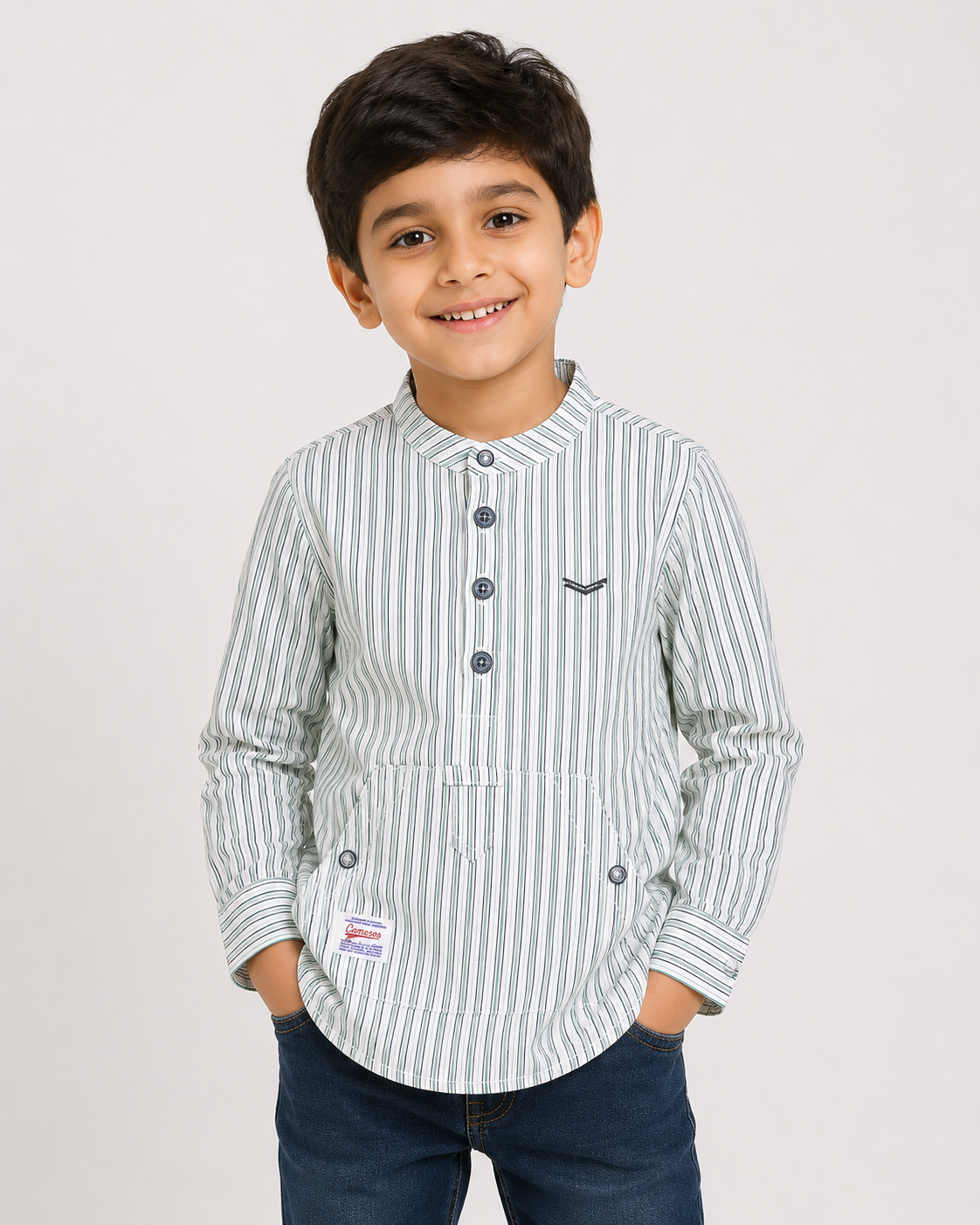 Boys Striped Shirt with Button Placket & Front Pocket – Modern Casual Style