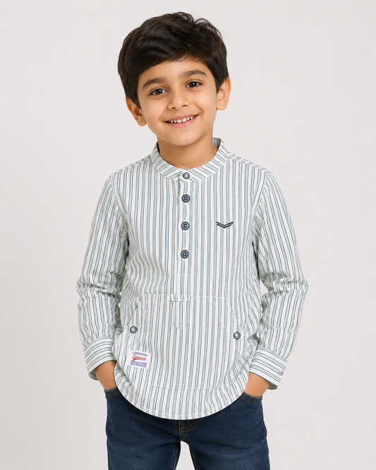 Boys Striped Shirt with Button Placket & Front Pocket – Modern Casual Style