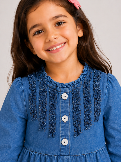 Girls Denim Ruffle Dress – Light & Dark Blue