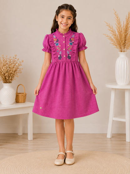 Girls' Linen Embroidered Dress