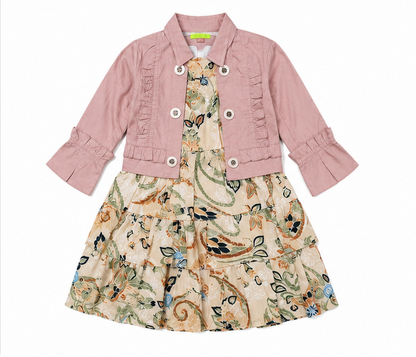 Girls 2-Piece Dress Set (Cotton Dress + Linen Bolero) Floral Design