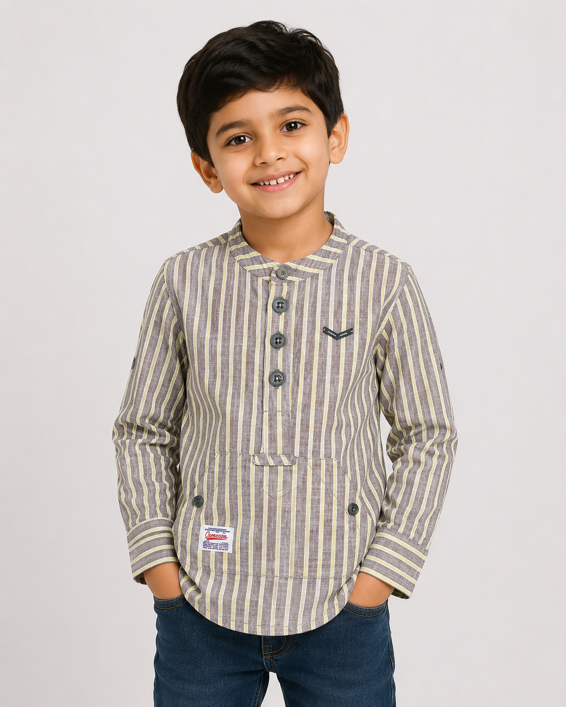 Boys Striped Shirt with Button Placket & Front Pocket – Modern Casual Style