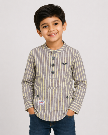 Boys Striped Shirt with Button Placket & Front Pocket – Modern Casual Style