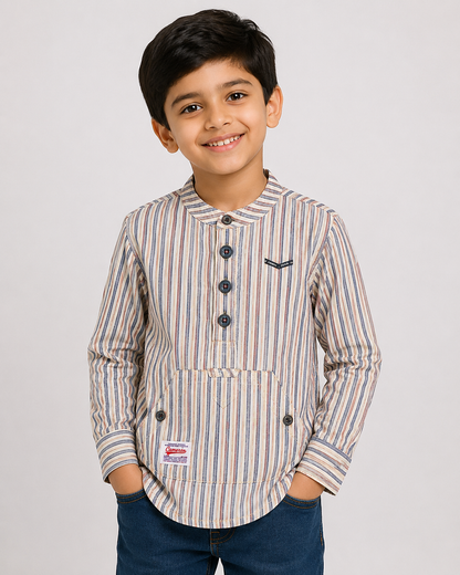 Boys Striped Shirt with Button Placket & Front Pocket – Modern Casual Style