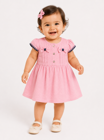 French Linen Baby Dress with Bow Details – 6 to 36 Months