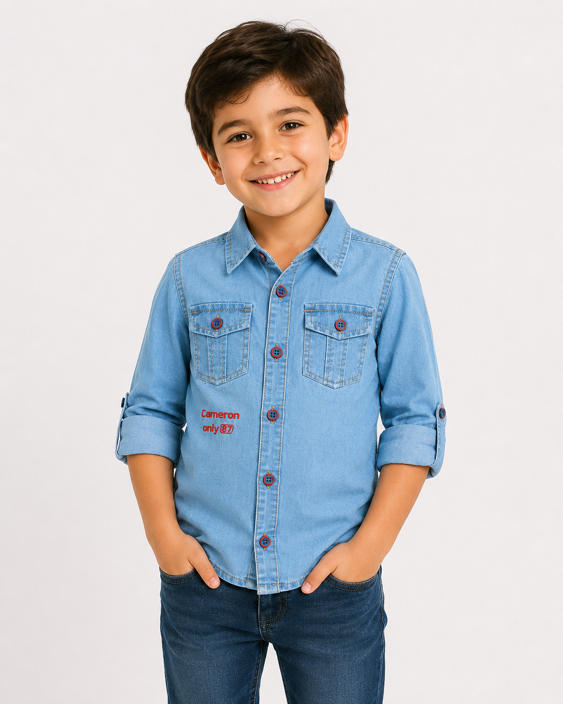 Boys Denim Shirt with Front Buttons & Chest Pockets – Casual Style