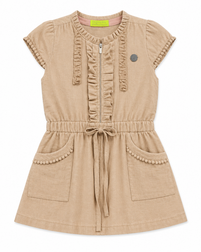 Girls Linen Dress with Ruffle Details & Waist Tie