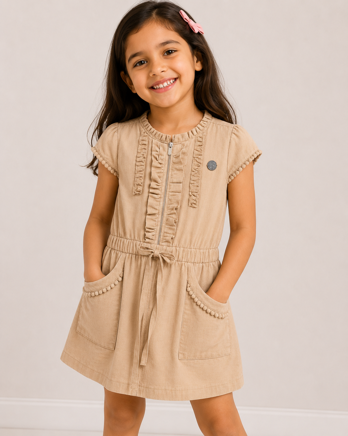 Girls Linen Dress with Ruffle Details & Waist Tie