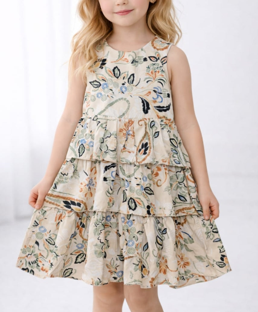 Girls 2-Piece Dress Set (Cotton Dress + Linen Bolero) Floral Design