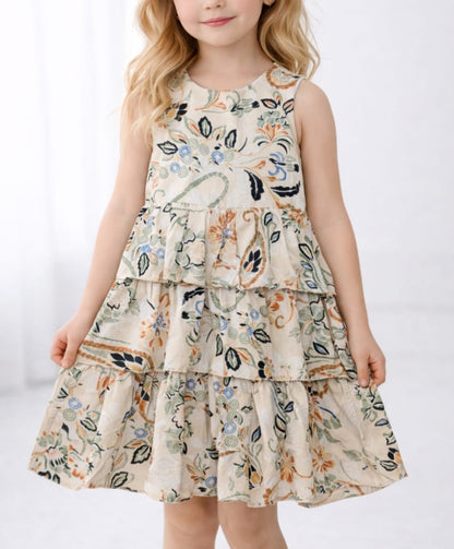 Girls 2-Piece Dress Set (Cotton Dress + Linen Bolero) Floral Design