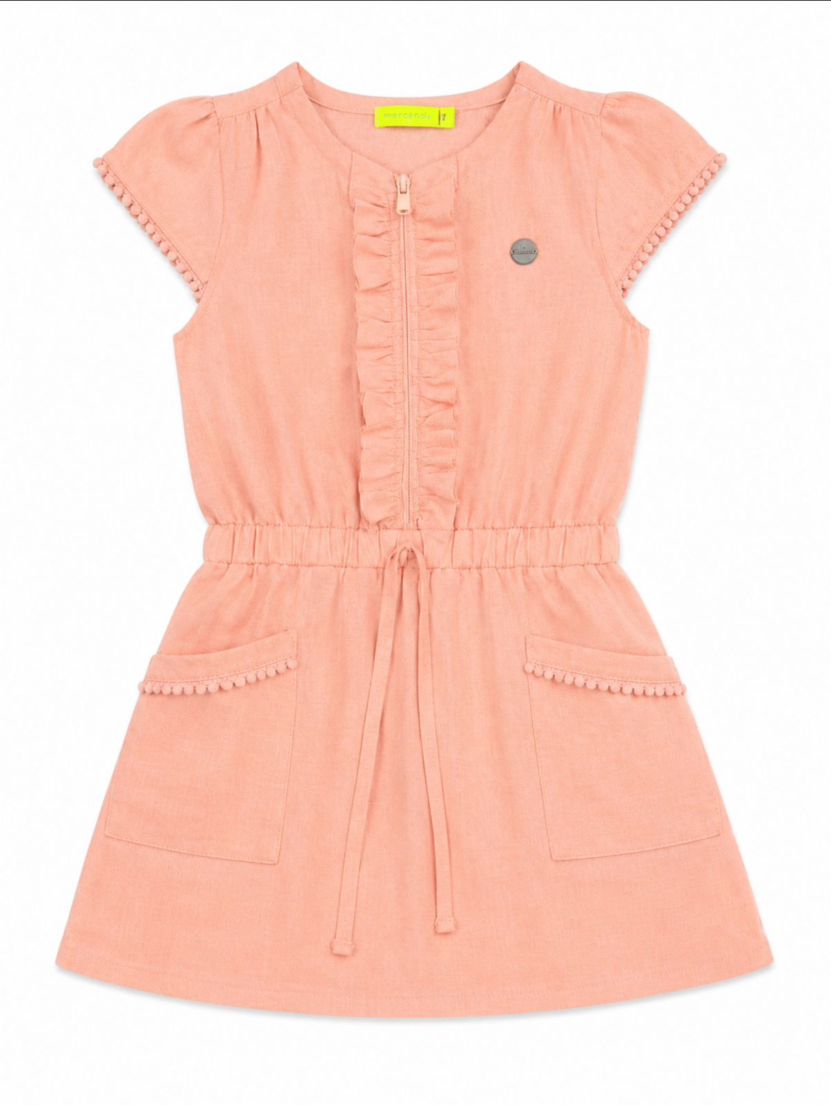 Girls Linen Dress with Ruffle Details & Waist Tie