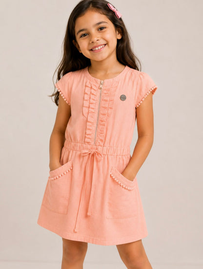 Girls Linen Dress with Ruffle Details & Waist Tie