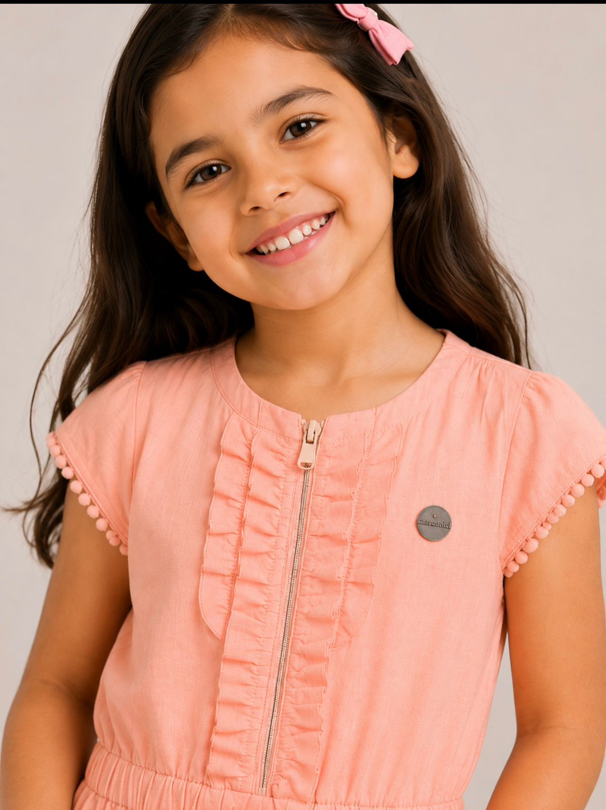 Girls Linen Dress with Ruffle Details & Waist Tie
